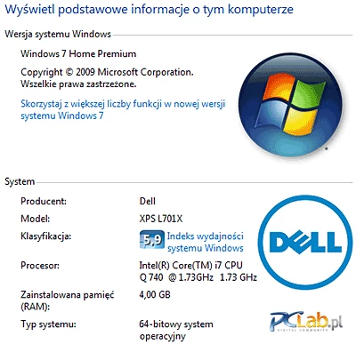 Na dysku zainstalowano Windows 7 Home Premium w wersji 64-bitowej. Są 4 GB pamięci, co dla większości użytkowników będzie optymalną wielkością