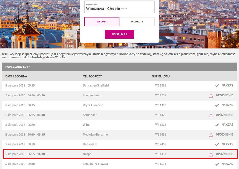 Informacja o odlotach na stronie WizzAir 5.08.2018 (zrzut ekranu z godziny 14:43)