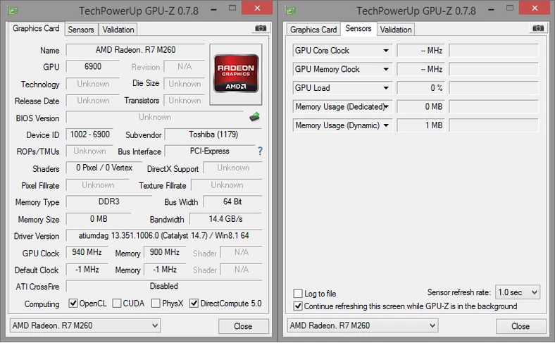 AMD Radeon R7 M260 jest na tyle nową kartą, że nawet najnowsza wersja GPU-Z ma problem z poprawnym rozpoznaniem wszystkich parametrów