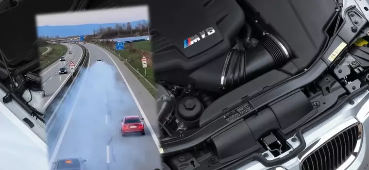 Siwy dym za BMW M3 na autostradzie. Widowiskowa awaria i smutny widok pod maską [WIDEO]