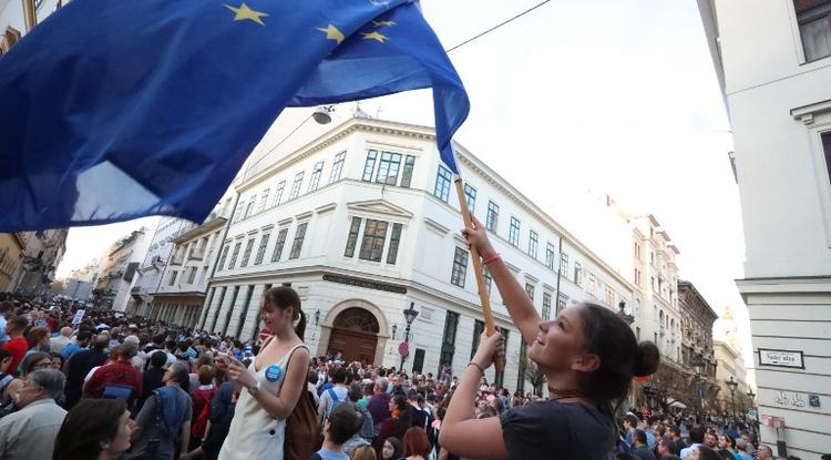 EU párti tüntető a CEU melletti demonstráción