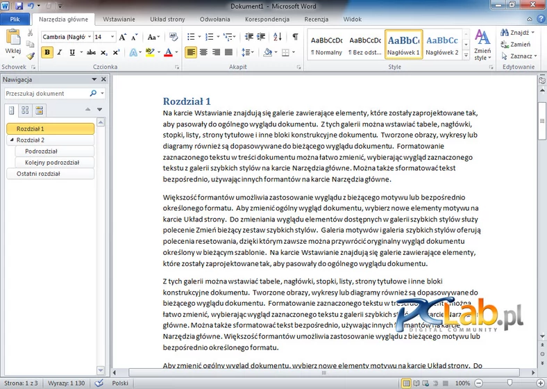 MS Word 2010 – nowy panel poruszania się po strukturze dokumentu (kliknij, aby powiększyć)