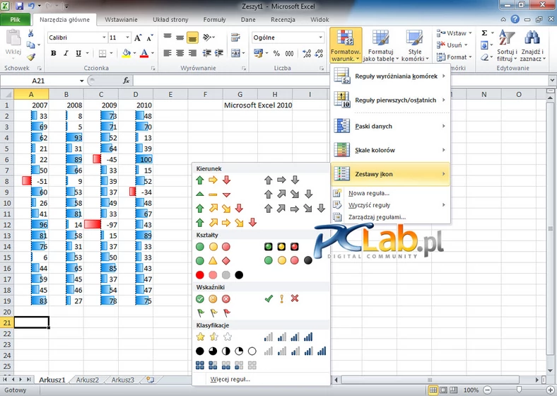 MS Excel 2010 – opcje formatowania warunkowego (kliknij, aby powiększyć)