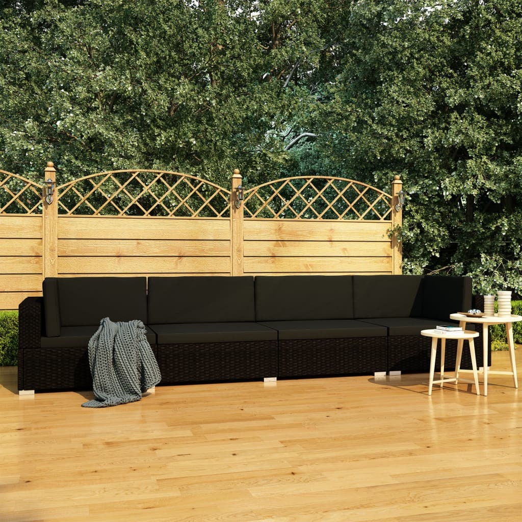 Sofy ogrodowe - vidaXL 4-częściowa sofa ogrodowa, poduszki, rattan PE, czarna - grafika 1