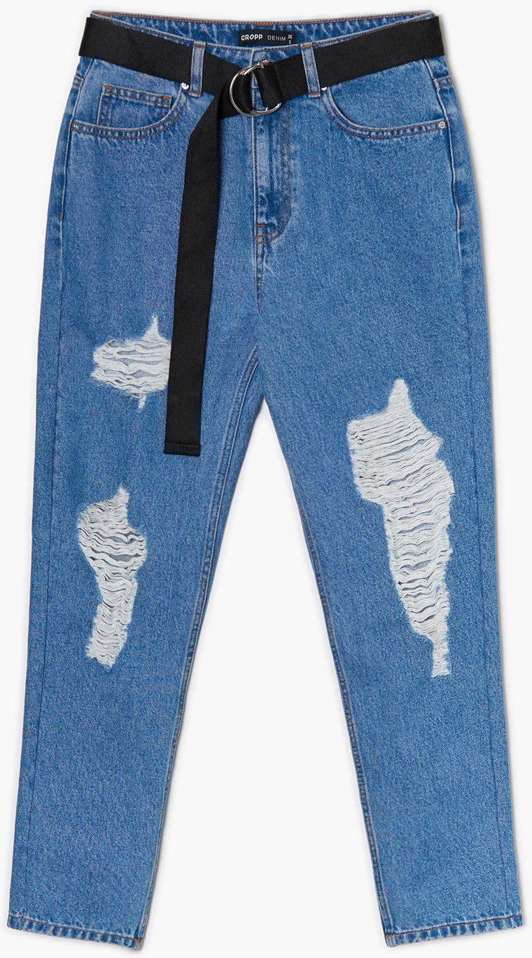Spodnie damskie - Cropp Cropp - Niebieskie mom jeans z paskiem - Niebieski - grafika 1
