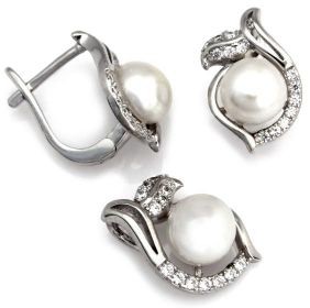 Zestawy biżuterii dla kobiet - Lovrin Srebrny komplet biżuterii 925 Z PERŁĄ I CYRKONIAMI 4,00g SKO1260 - grafika 1