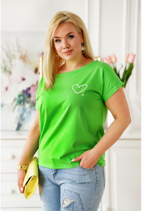 Bluzki damskie - XL-ka Zielona bluzka z krótkim rękawkiem z nadrukiem w kształcie serca - Ameline - XL-ka - grafika 1