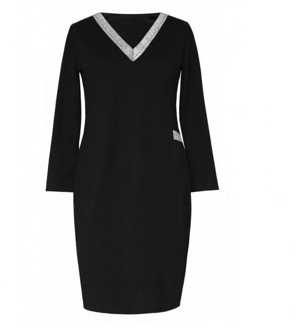 Sukienki - XL-ka Czarna sukienka dresowa ze srebrnym dekoltem V - MADELINE - XL-ka - grafika 1