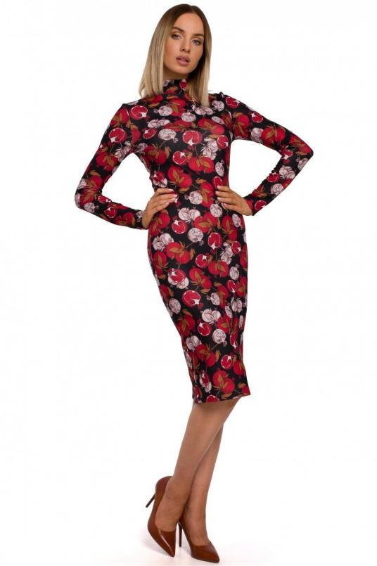 Sukienki - SukienkiShop Sukienka w kwiaty dzianinowa midi z golfem dopasowana tuba czerwona - SukienkiShop - grafika 1