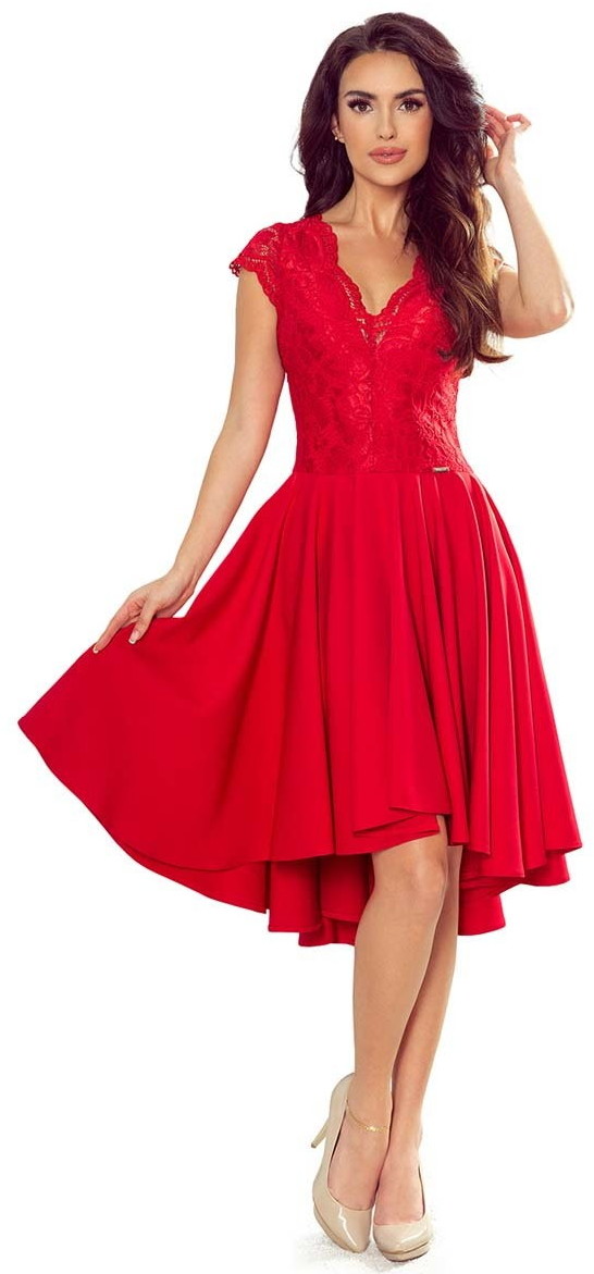 Sukienki - Numoco Czerwona Wieczorowa Asymetryczna Sukienka z Koronką - - grafika 1