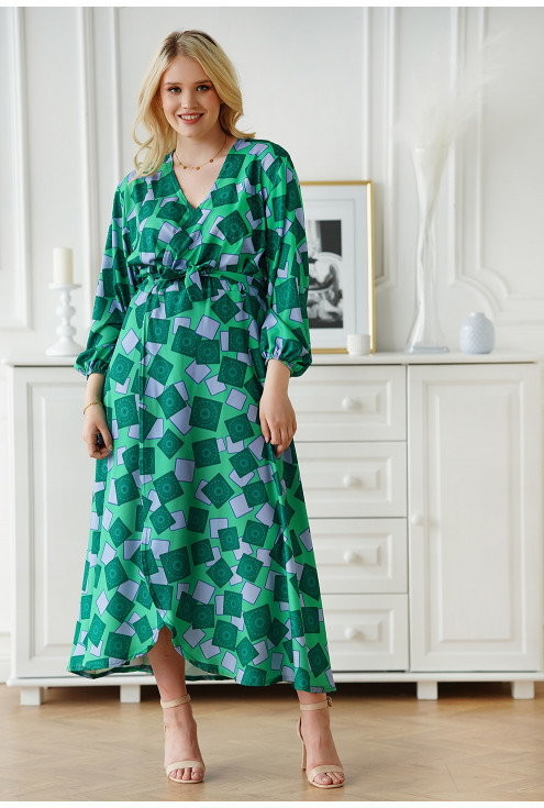 Sukienki - XL-ka Zielona kopertowa sukienka maxi w kwadraty - Mindy - XL-ka - grafika 1