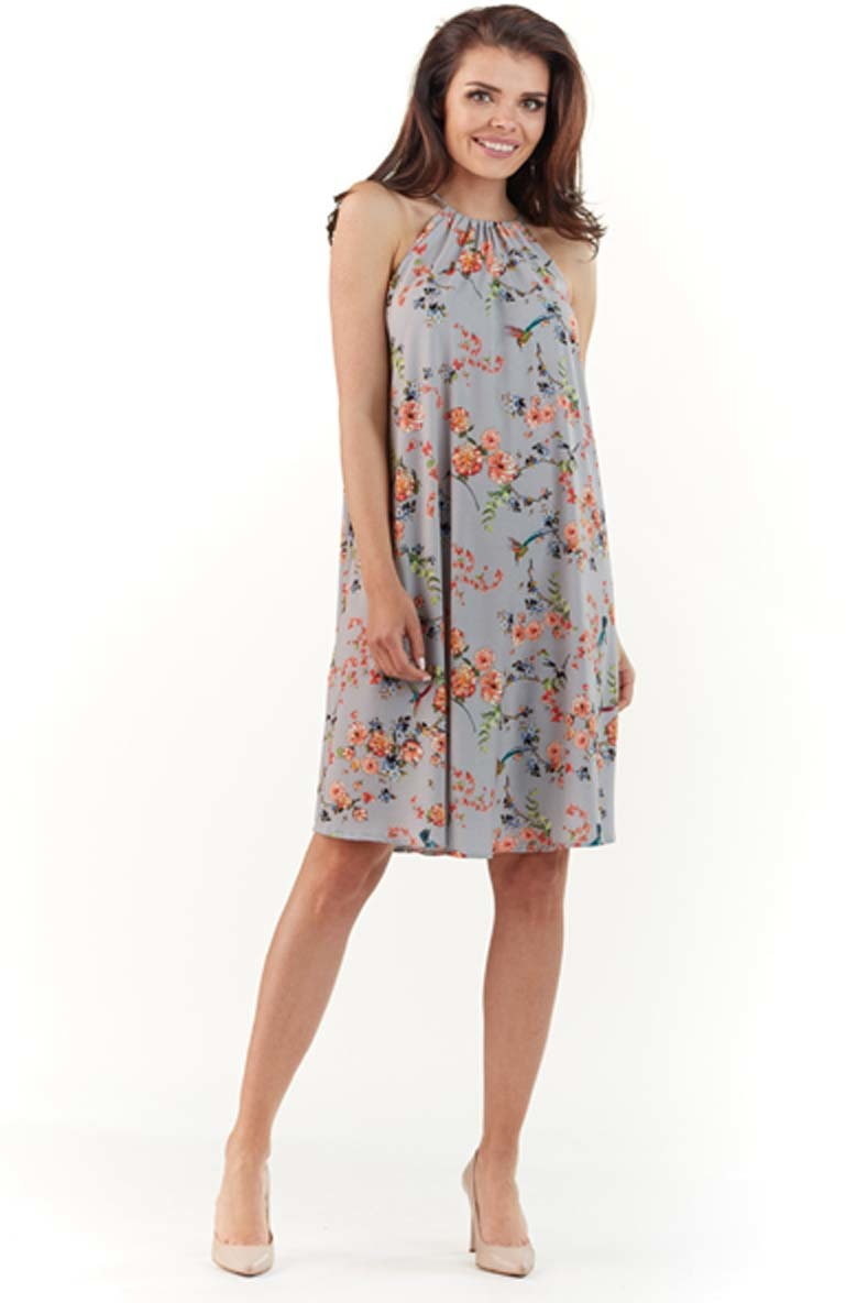 Sukienki - Lou-Lou Szara Zwiewna Sukienka Mini w Kwiatowy Wzór z Wiązanym Dekoltem - Lou-Lou - grafika 1