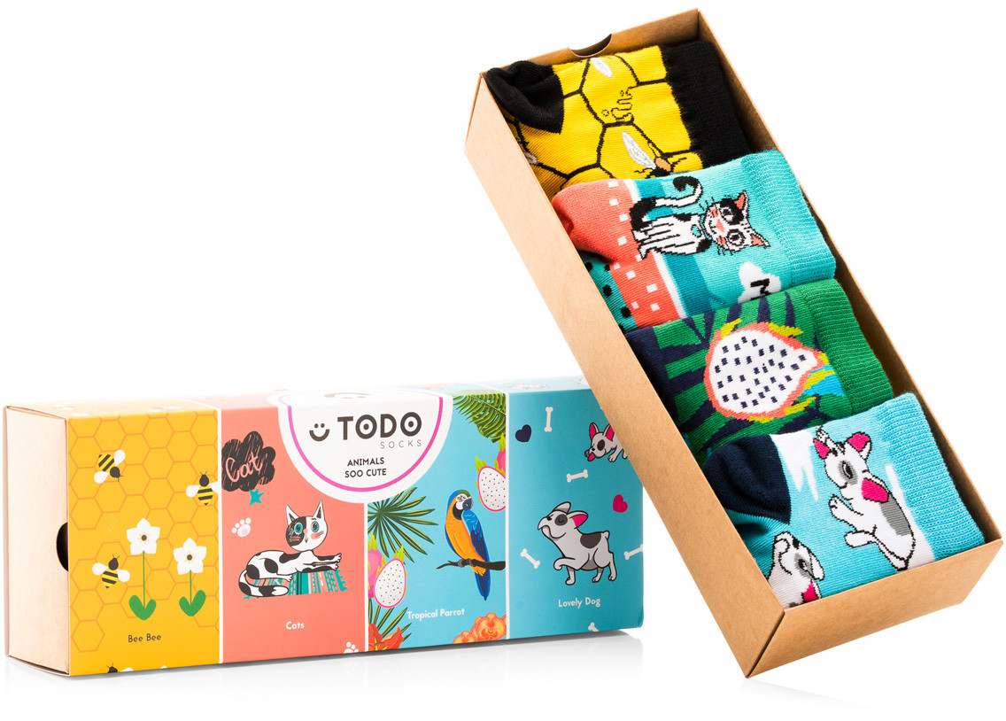 Skarpetki dla dzieci - Todo Socks Zestaw dziecięcych skarpet ANIMALS SOO CUTE - Pszczoły, Koty, Papugi, Pieski - 4 pary - grafika 1