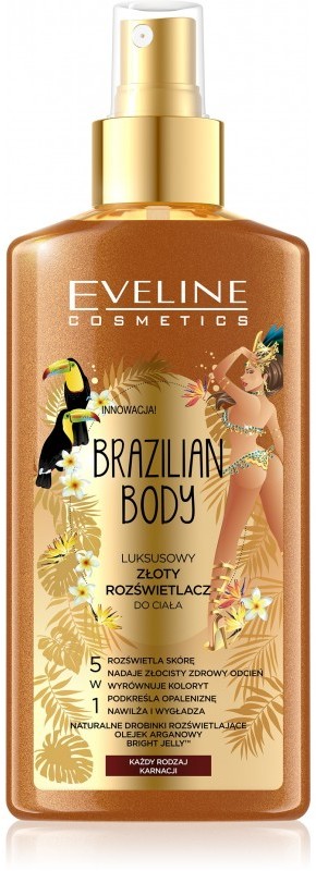 Rozświetlacze do twarzy i ciała - Eveline Brazilian Body Luksusowy Złoty Rozświetlacz do ciała 5w1 - każda karnacja 150ml SO_111009 - grafika 1