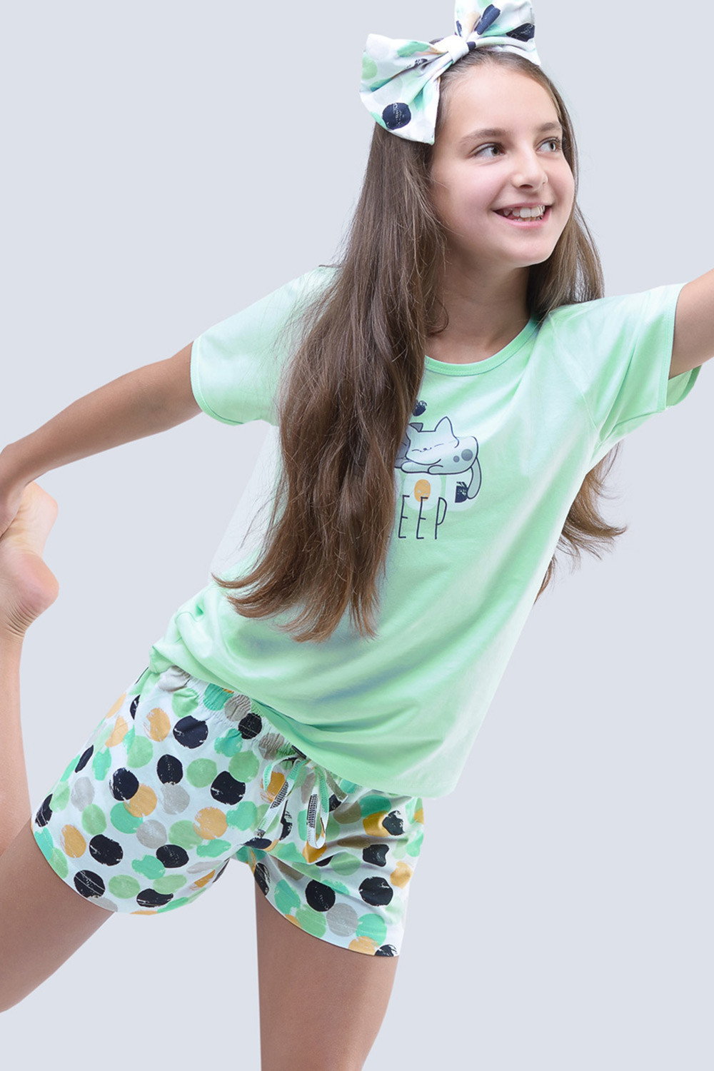 Piżamy dla dziewczynek - Gina Dziewczęca piżama letnia Cats Aqua - grafika 1