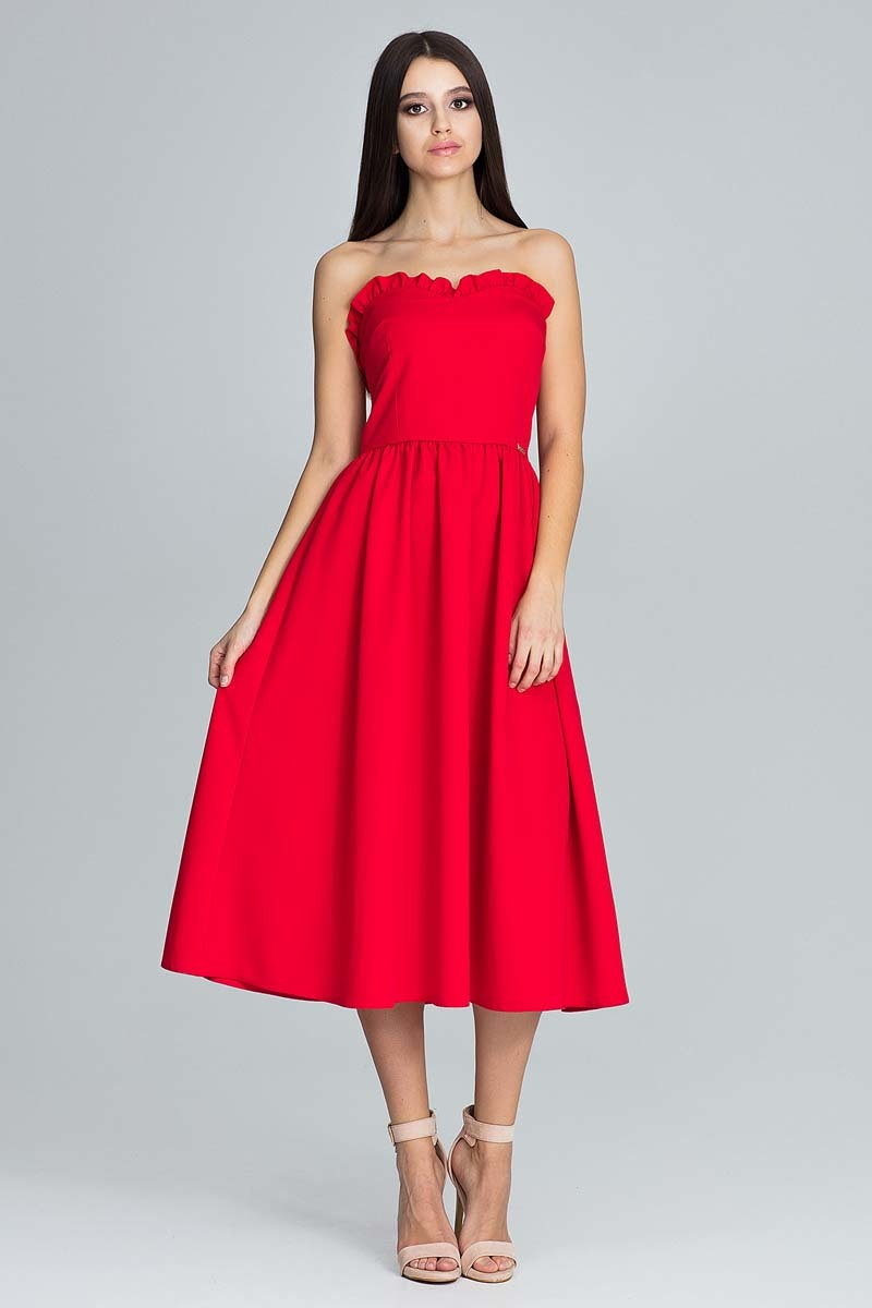 Sukienki - Figl Czerwona Wieczorowa Midi Sukienka Gorsetowa z Falbankami - - grafika 1