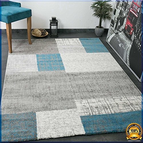 Dywany - VIMODA Designer Ostrzyżony dywan o wyglądzie łatwe w pielęgnacji  vimoda Kafel turkusowy niebieski, szary i biały, turkusowy, 80x150 cm - grafika 1