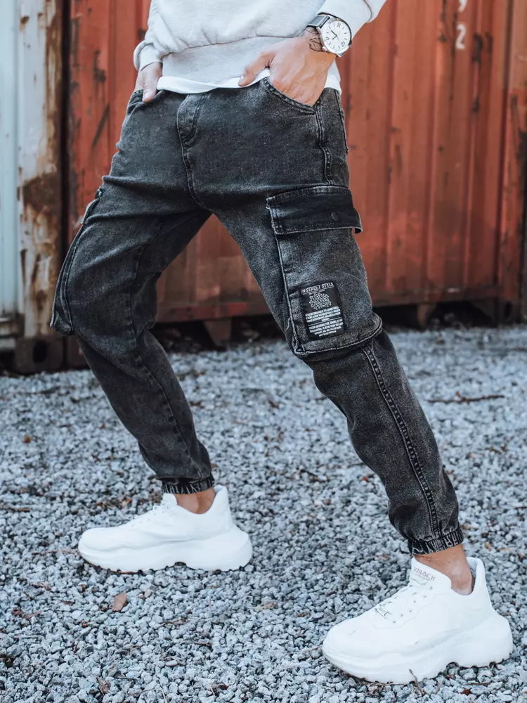 Spodnie męskie - Dstreet Spodnie męskie jeansowe typu bojówki czarne UX3310 - grafika 1