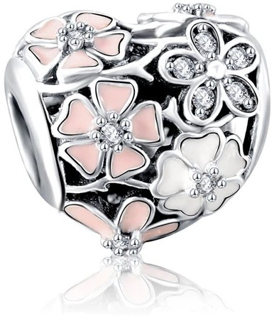 Charmsy - Pandora Valerio.pl Rodowany srebrny charms do serce heart kwiatki flowers cyrkonie srebro 925 PAS283 PAS283 - grafika 1
