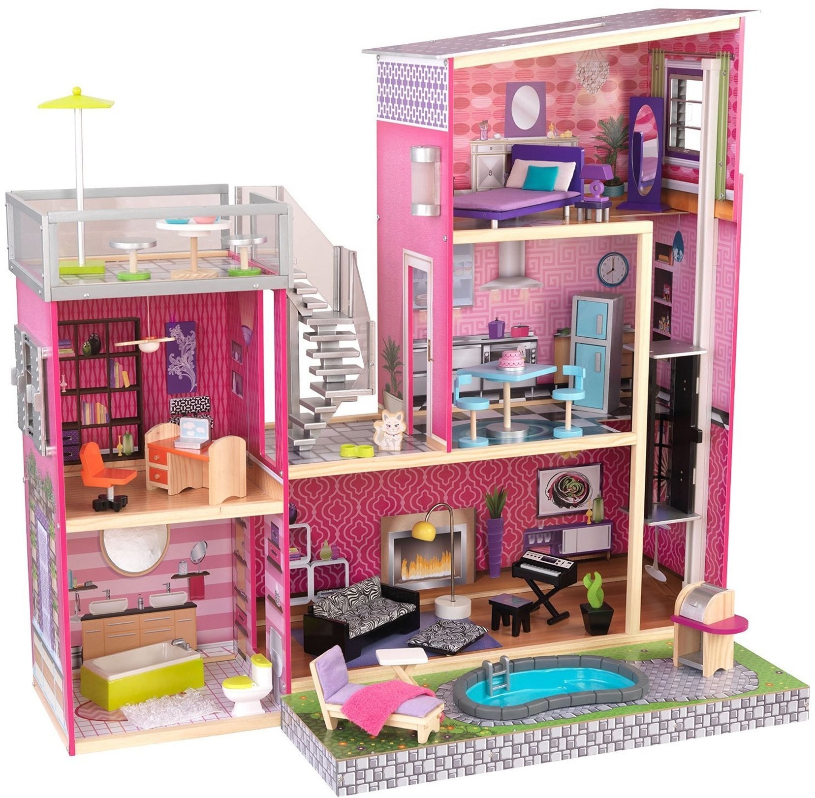 Domki dla lalek - KidKraft Domek dla lalek de luxe Rezydencja ze światłem i dźwiękiem dla Barbie 65833 z windą i basenem - grafika 1