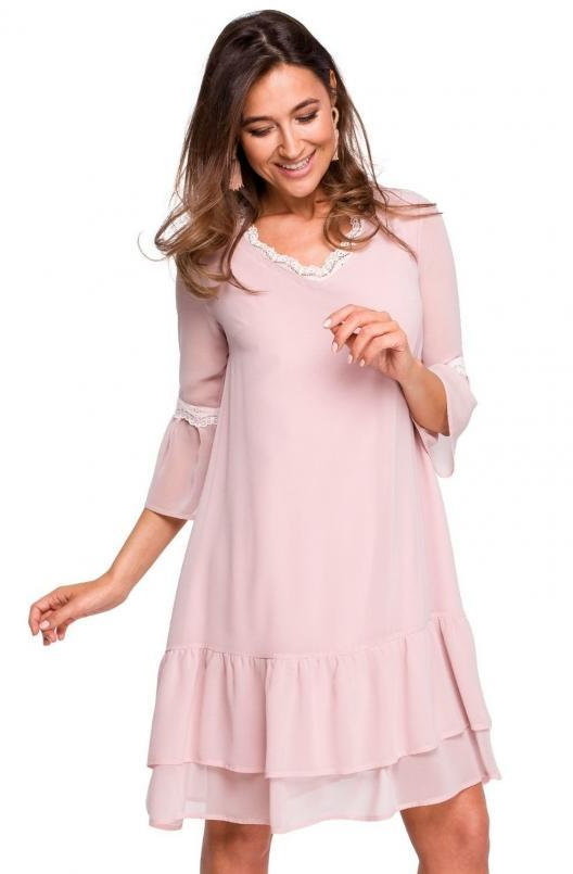 Sukienki - SukienkiShop Sukienka szyfonowa rozkloszowana midi z falbankami dekolt V różowa - SukienkiShop - grafika 1