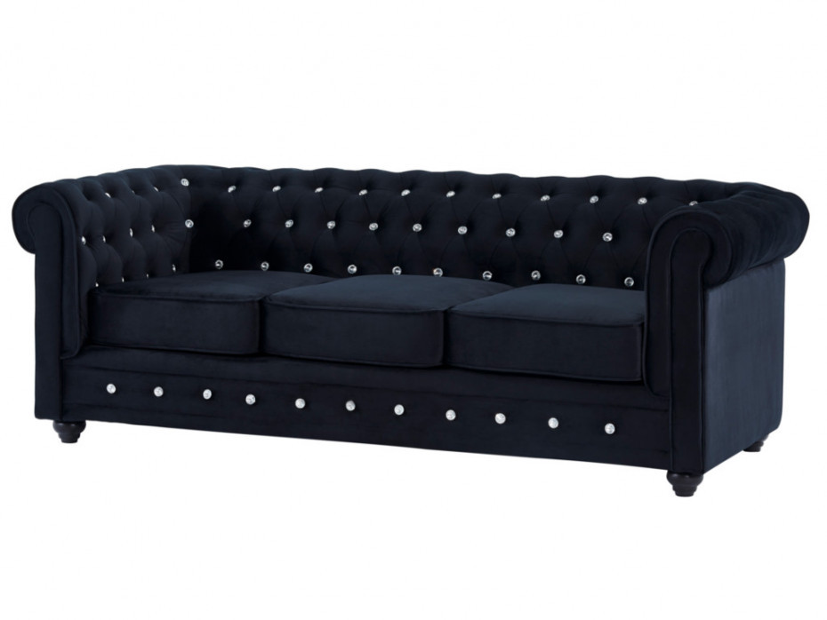 Sofy i kanapy - Vente-Unique 3-osobowa sofa CHESTERFIELD z weluru w kolorze czarnym z kryształowymi guzikami - grafika 1