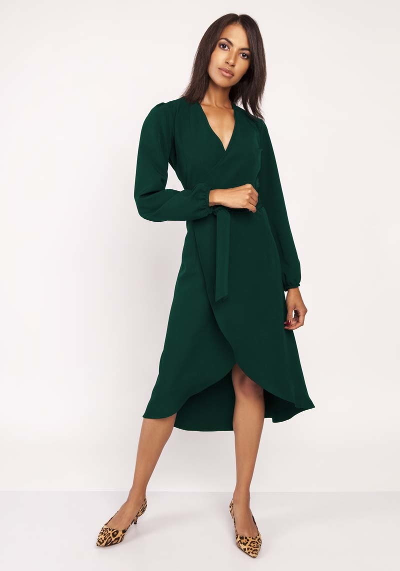 Sukienki - Lanti Zielona Asymetryczna Sukienka Kopertowa z Wiązanym Paskiem - - grafika 1