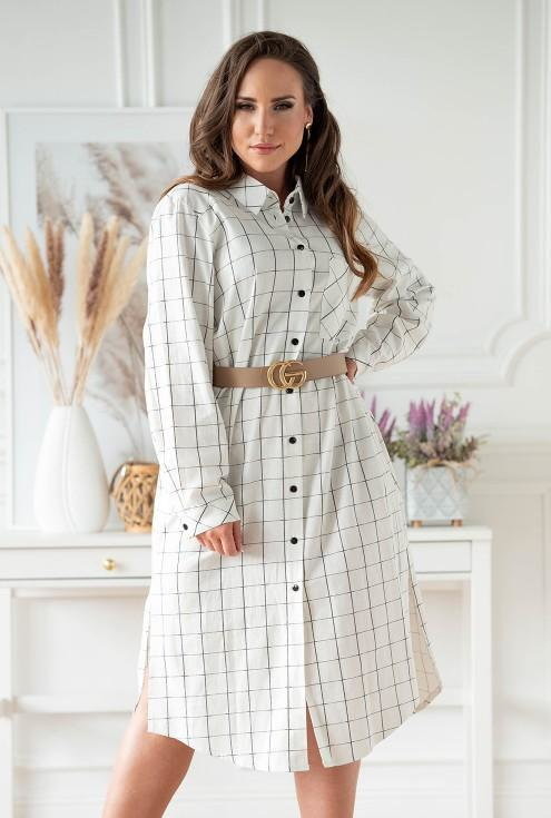 Sukienki - XL-ka Biało-czarna lniana sukienka koszulowa w kratkę - Graciana - XL-ka - grafika 1
