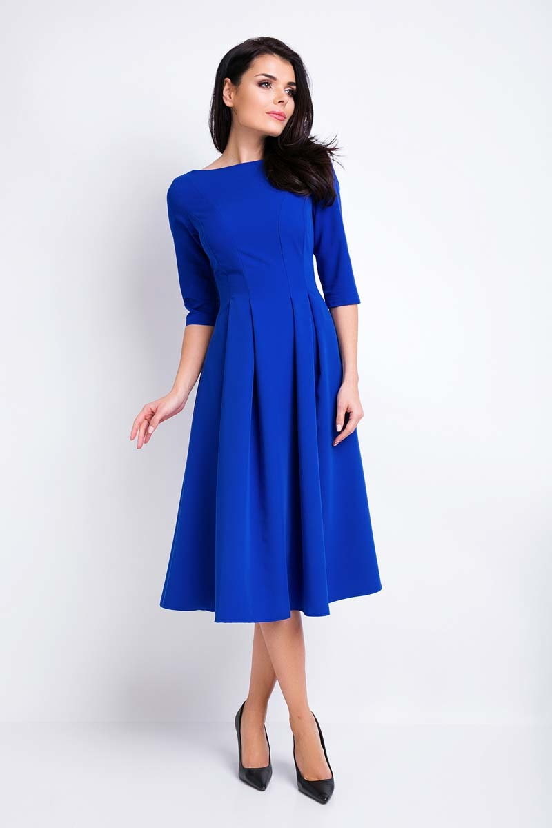 Sukienki - Awama Niebieska Sukienka Wizytowa Midi z Szerokim Dołem - - grafika 1