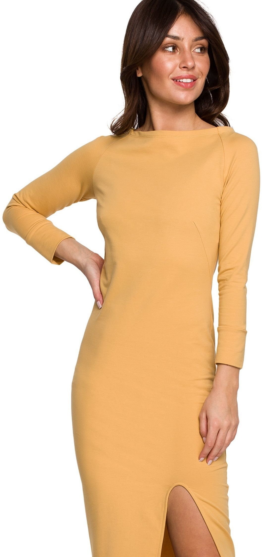 Sukienki - SukienkiShop Sukienka sportowa z rozcięciem dopasowana bawełniana żółta - SukienkiShop - grafika 1