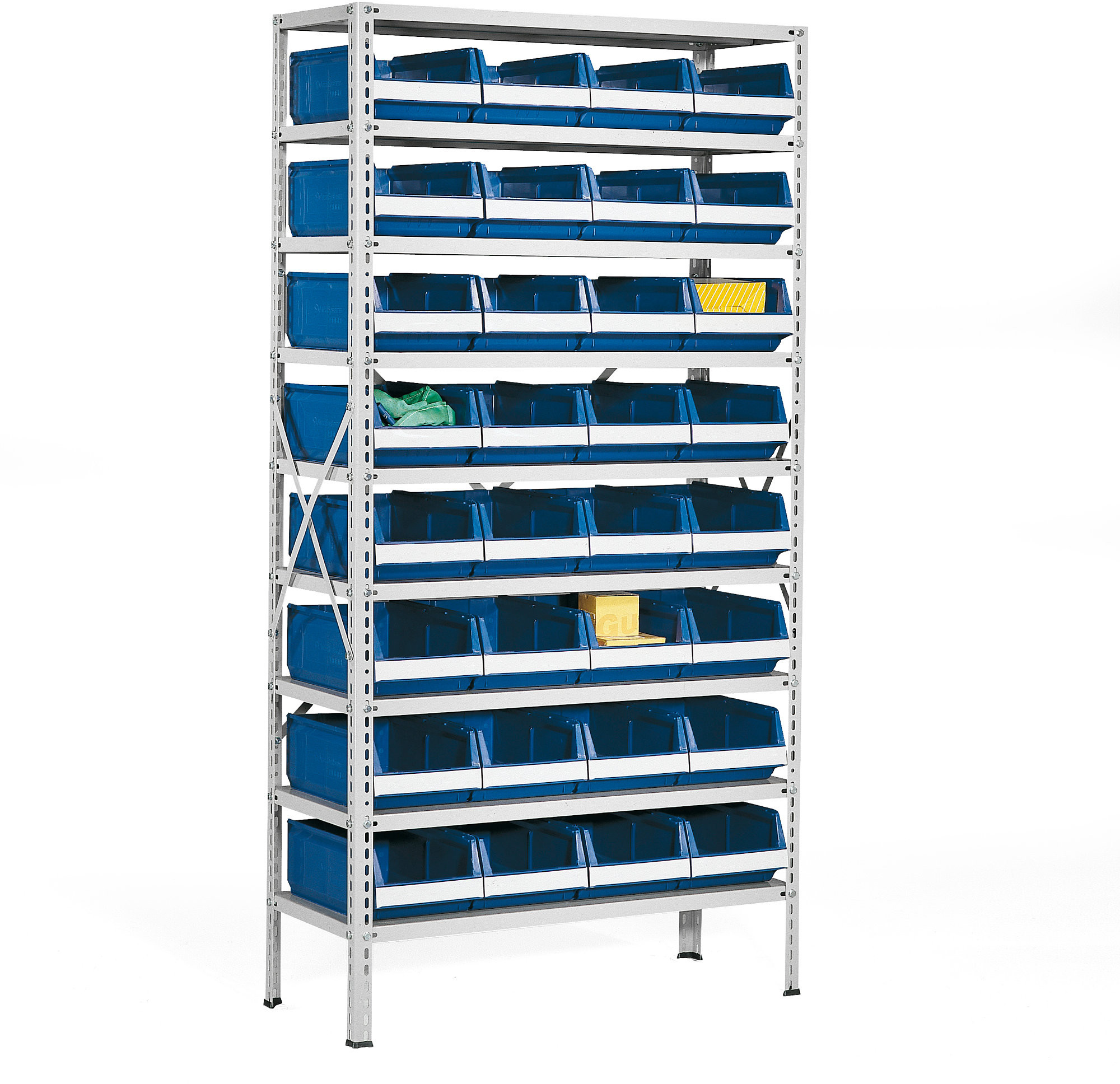 Regały biurowe - AJ Produkty Regał z 32 niebieskimi pojemnikami, 1970x1000x400 mm - grafika 1
