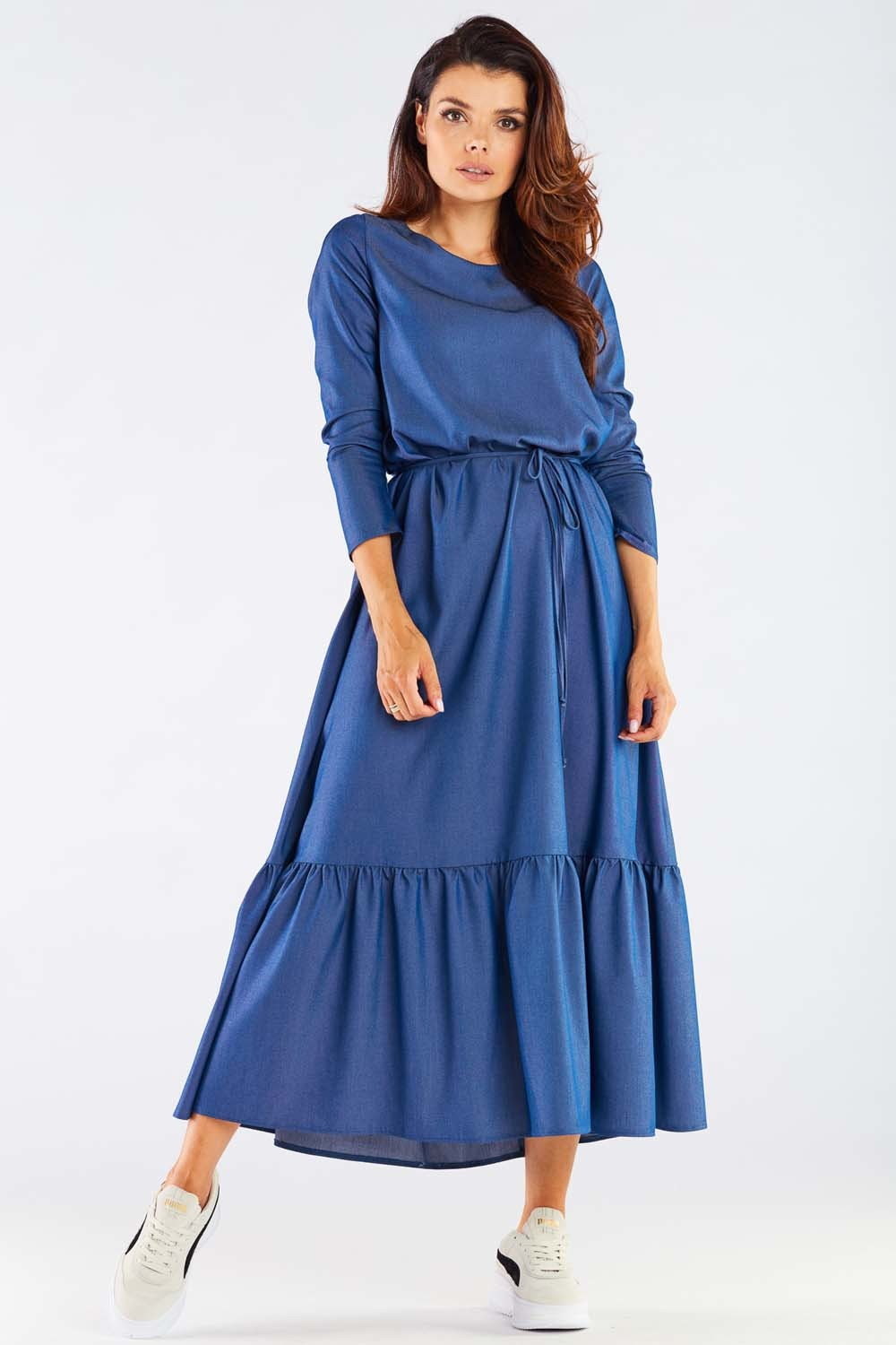 Sukienki - Awama Maxi Sukienka z Długim Rękawem z Falbanką na Dole - Niebieska - - grafika 1