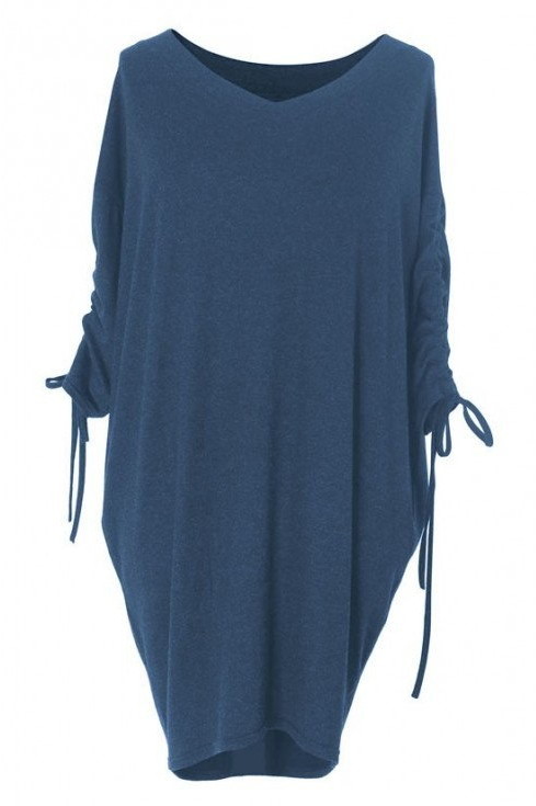 Sukienki - XL-ka Luźna sukienka ze ściąganym rękawem - ESME - kolor JEANSOWY - XL-ka - grafika 1