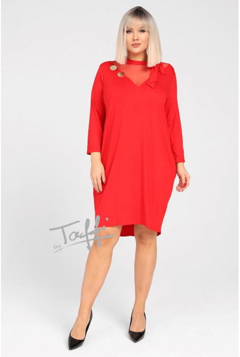 Sukienki - XL-ka Czerwona sukienka z siateczką i wiązaniem przy dekolcie - SECRET - XL-ka - grafika 1