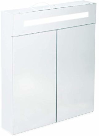 Szafki łazienkowe - Relaxdays , biała szafka z lustrem, 2 drzwi, 3 półki, gniazdko, szafka ścienna LED, stal, wys. x szer. x głęb.: 67 x 60 x 12 cm - grafika 1
