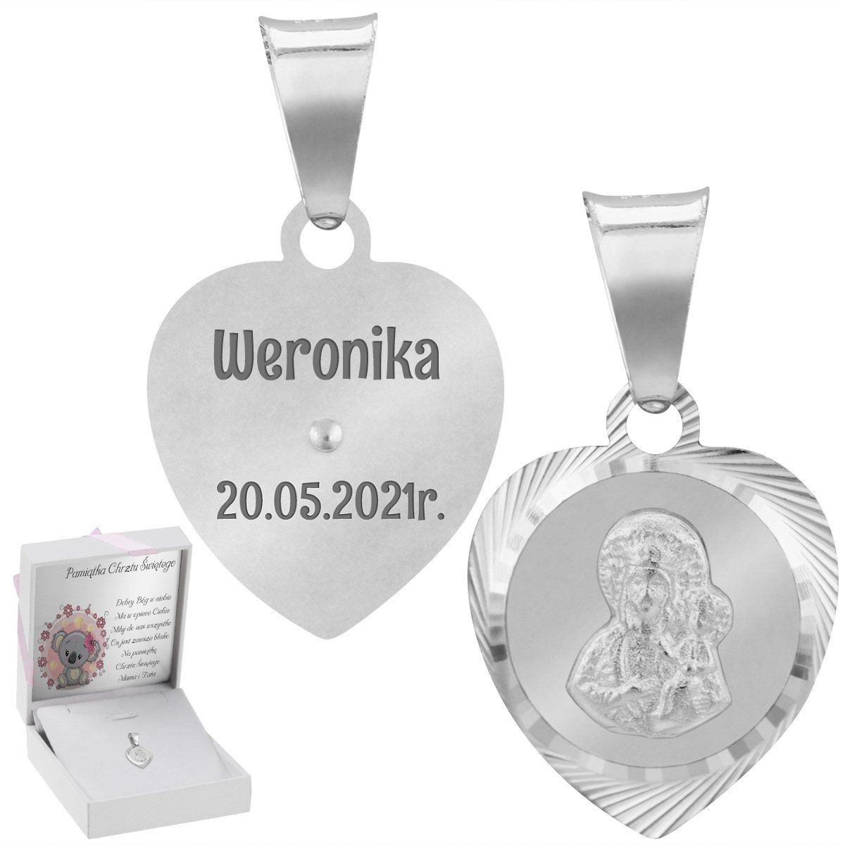 Dewocjonalia - Alechrzest.pl Srebrny medalik serce Matka Boska pr. 925 Grawer Chrzest Komunia 19126 - grafika 1