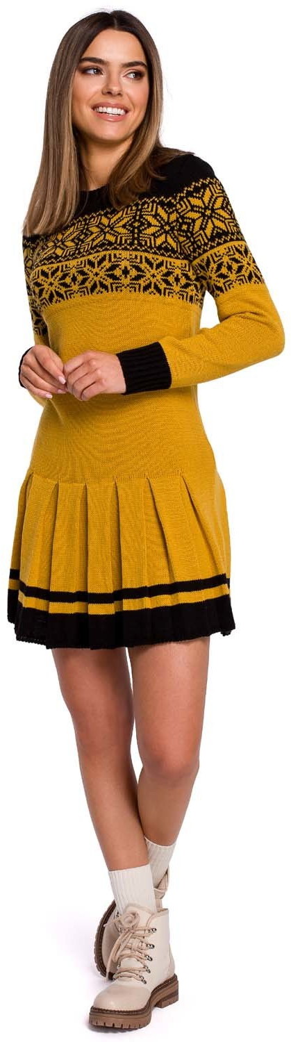Sukienki - Moe Żółta Świąteczna Sukienka Swetrowa z Obniżoną Talią - - grafika 1