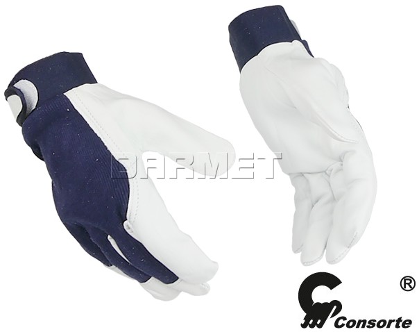 Rękawice robocze - CONSORTE Rękawice robocze biało-niebieskie z koziej skóry i bawełny, 319, rozmiar 10 - - grafika 1
