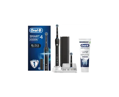 Oral-B Elektryczna szczoteczka do zębów Smart 4 4500N, 2 głowice, 1 szczoteczka do zębów, 1 etui podróżne i 1 pasta do zębów, bateria do 2 tygodni, czarna edycja