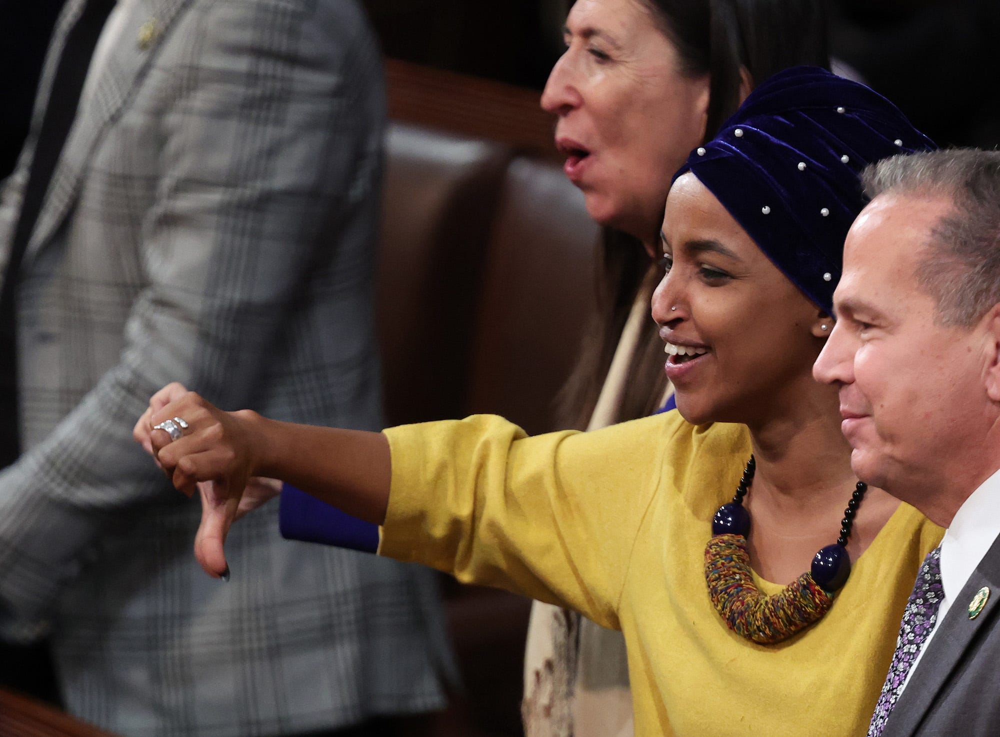 Democratic Rep. Ilhan Omar of Minnesota gives a thumbs-down during a vote to adjourn in the House chamber during the third day of elections for Speaker of the House at the US Capitol Building on January 5, 2023 in Washington, DC.Win McNamee/Getty Images