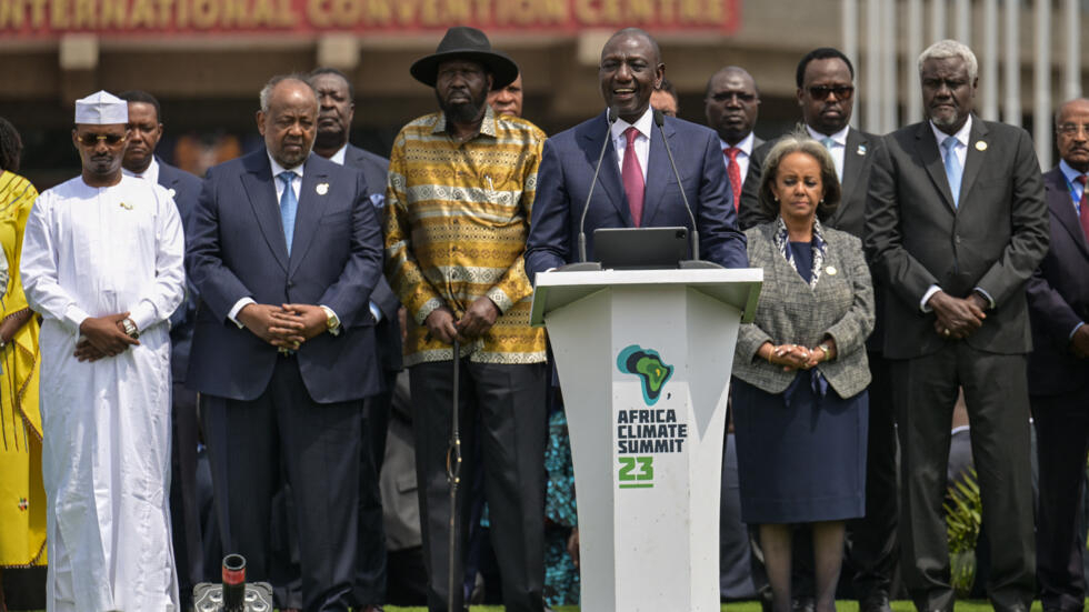 President William Ruto, at podium, flanked by African leaders at the Africa Climate Summit in Nairobi, September 6, 2023. Photo credits: Simon Maina, AFP