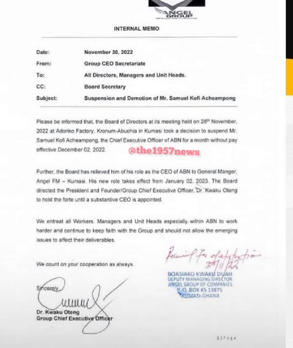 Samuel Kofi Acheampong; son of Dr Kwaku Oteng suspended as ABN CEO in leaked MEMO