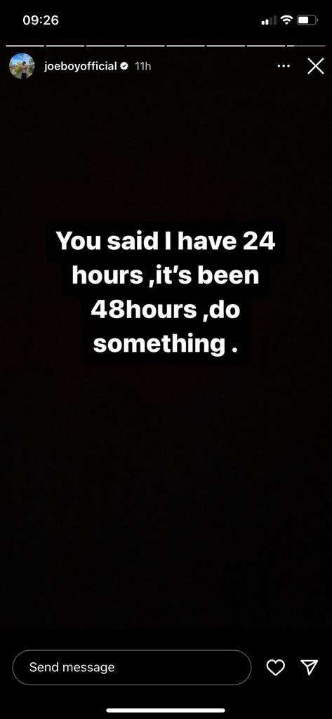 Joeboy's Instagram Story 