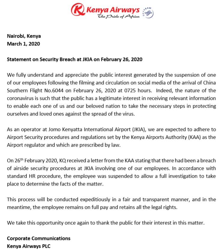 Kenya Airways issues statement as the suspension of Gire Ali takes a
