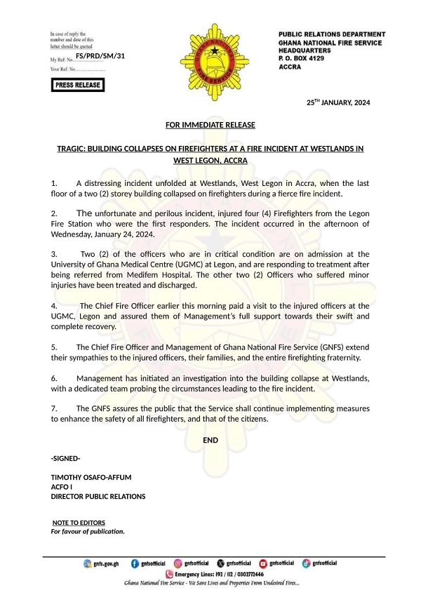 Two-storey building collapses on firefighters in Accra