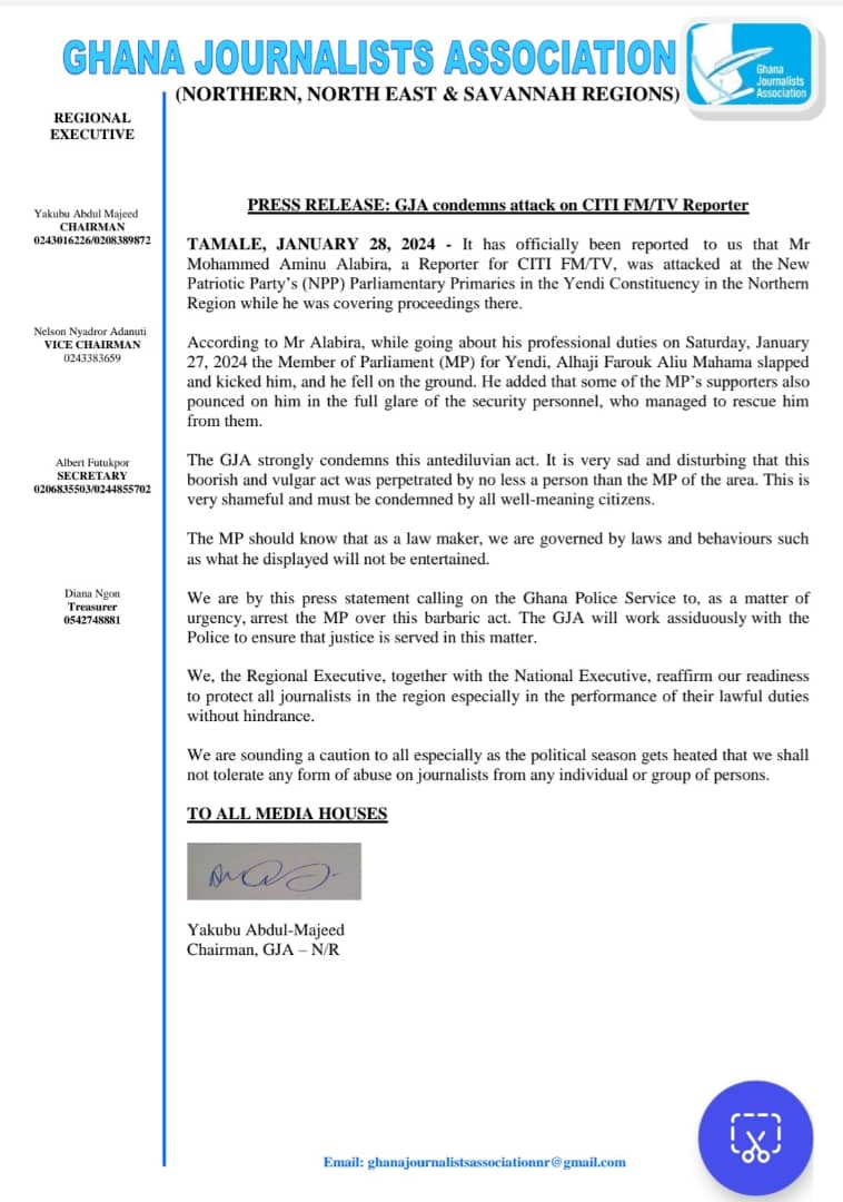 GJA calls for arrest of Yendi MP and team for beating up Citi TV/FM journalist