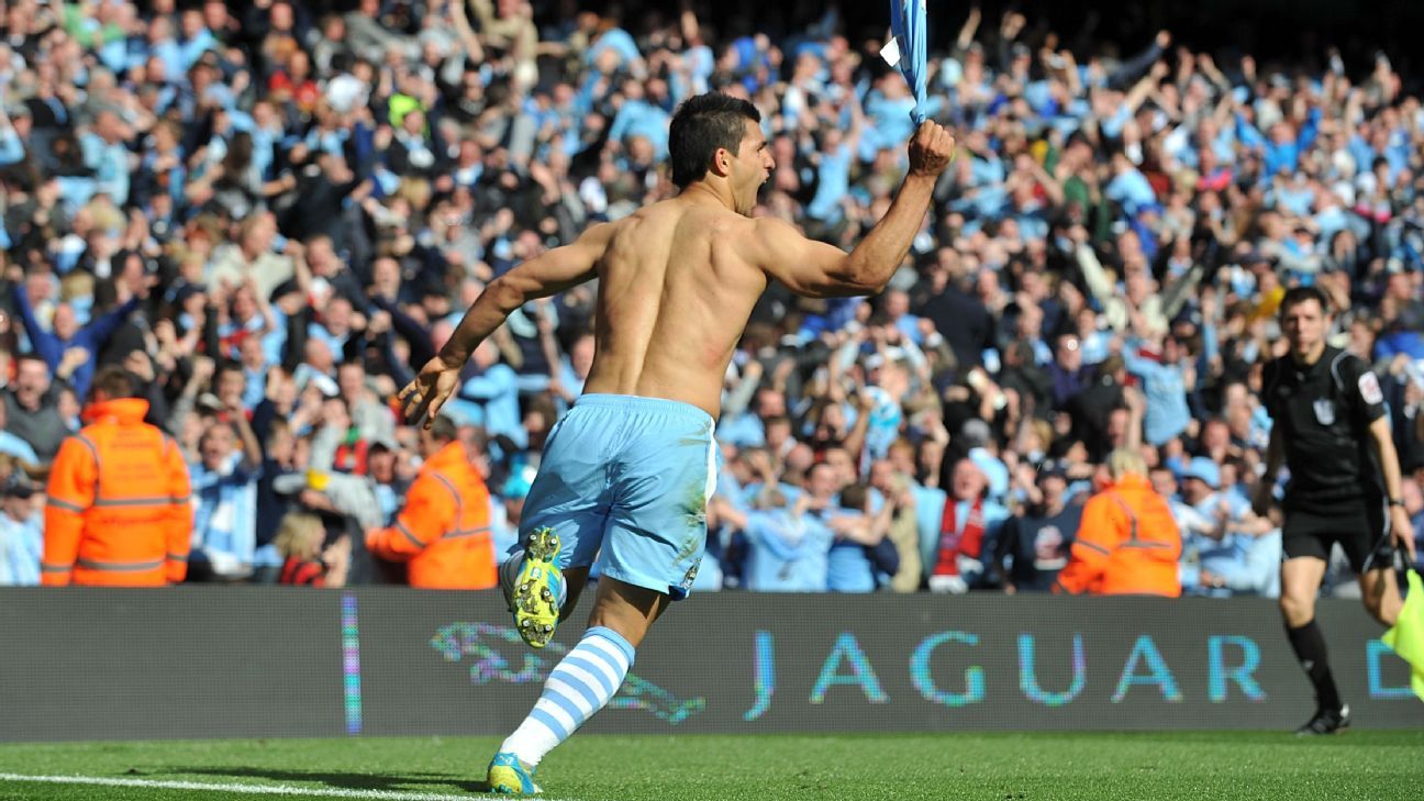 Sergio Aguero celebrates his title-winning goal for Manchester City against QPR on May 13, 2012