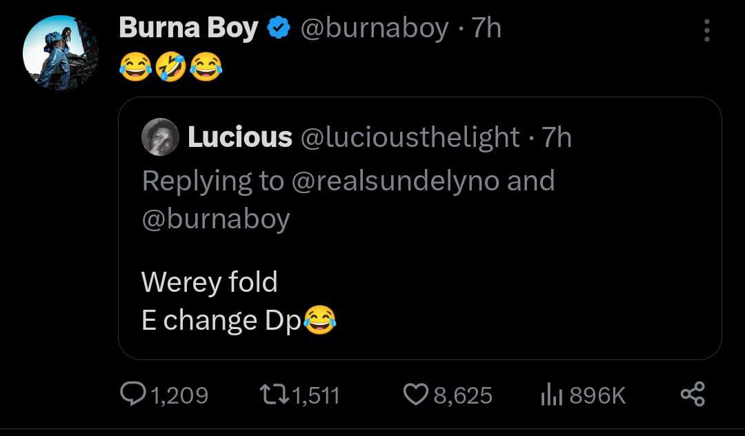 Burna Boy reacts a the troll changing his display picture to a picture of himself