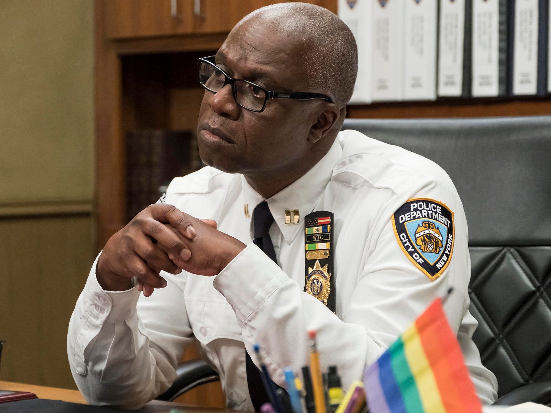 Andre Braugher on the set of Brooklyn Nine Nine playing the stoic, stickler for the rules police captain, Captain Holt