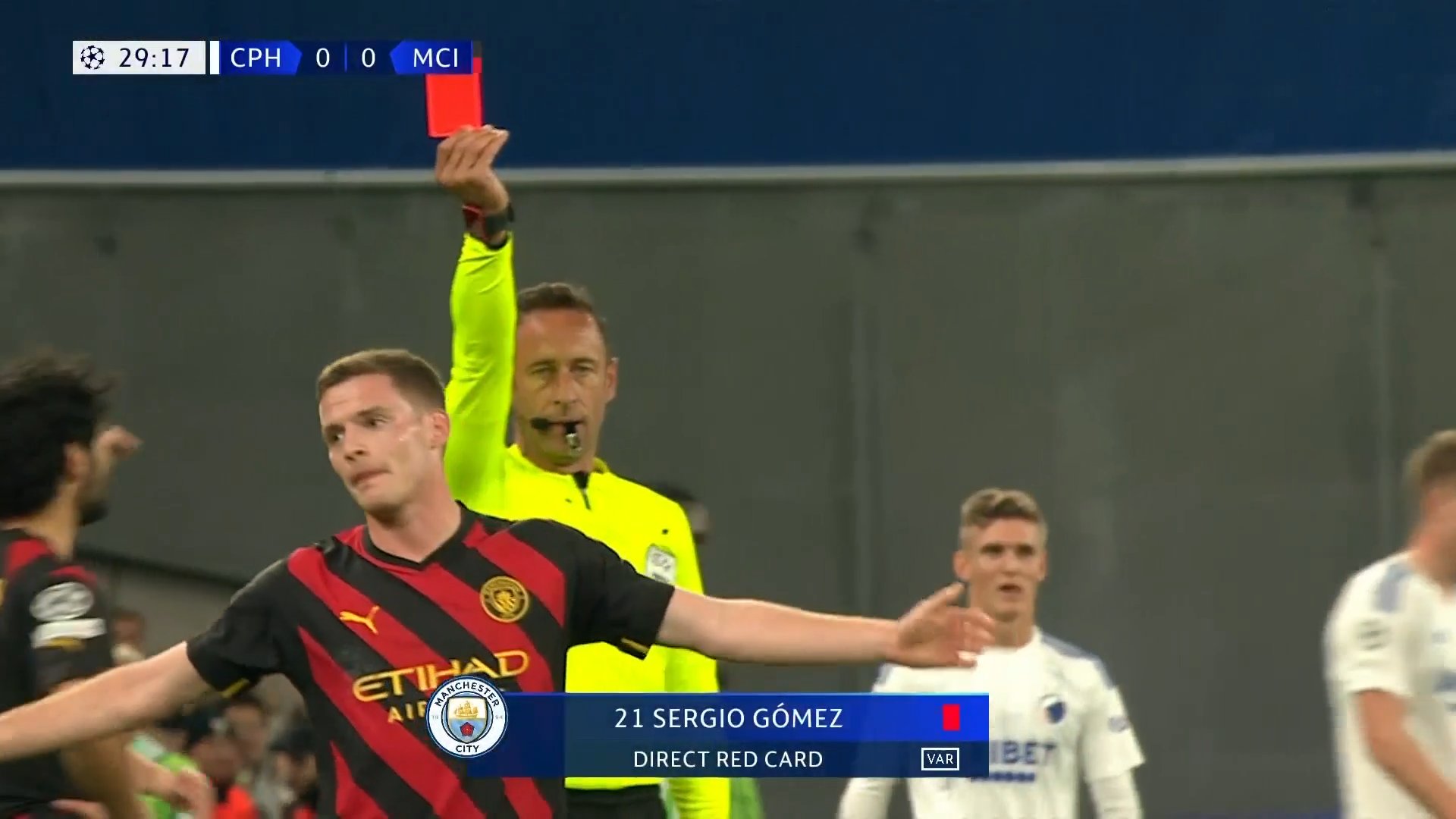 Sergio Gomez was sent off in the first half for Manchester City